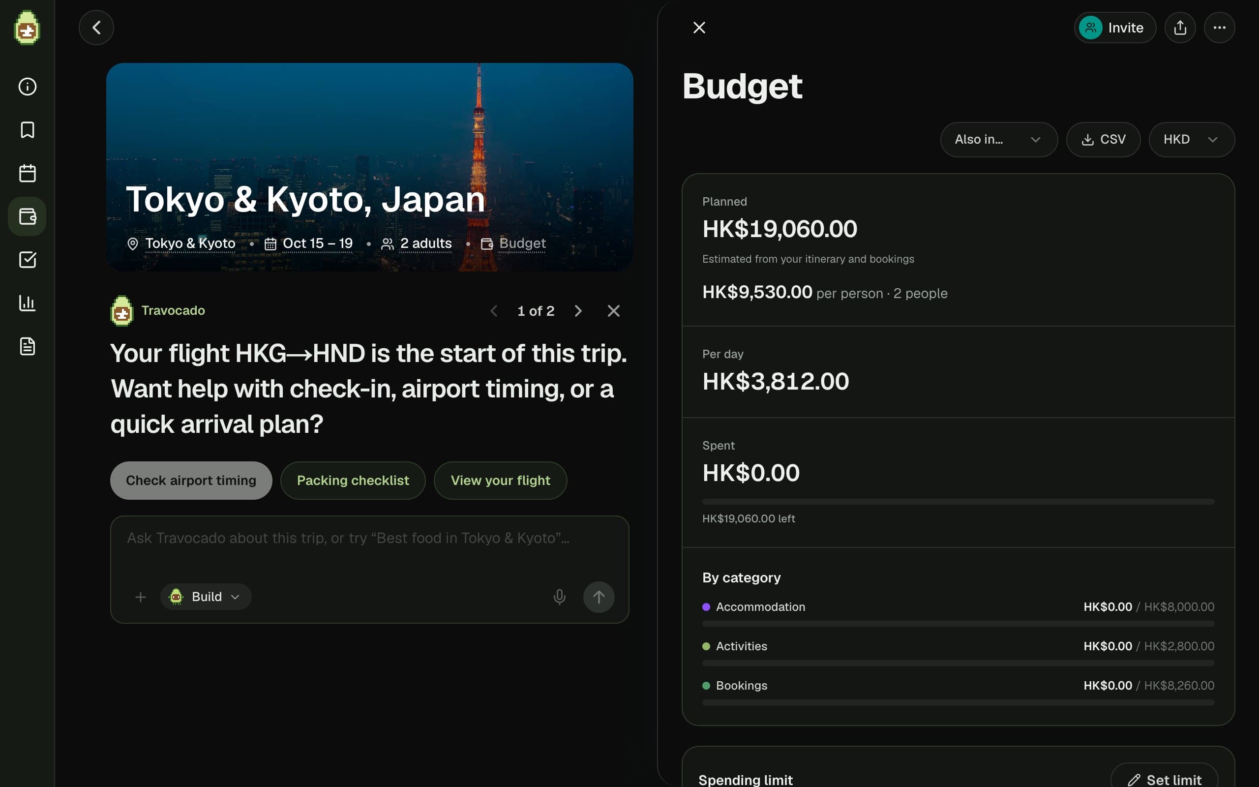 The sample trip's budget screen