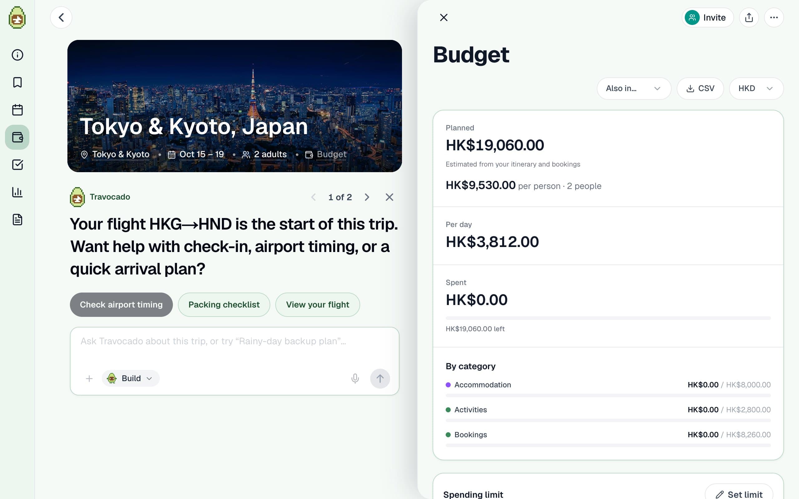 The sample trip's budget screen