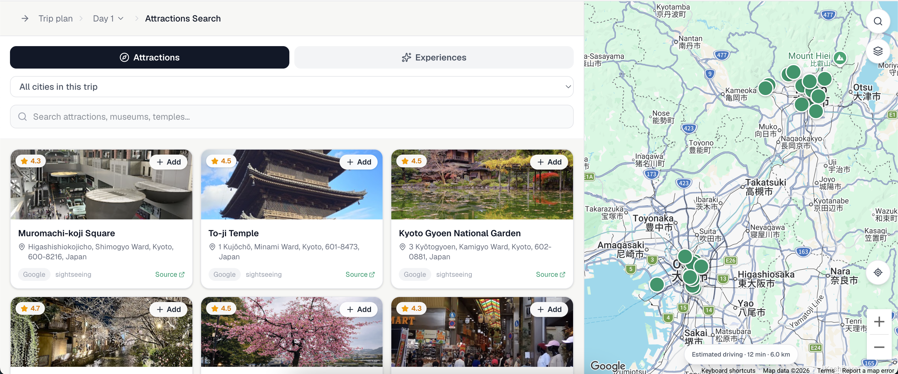 Search attractions on a live map