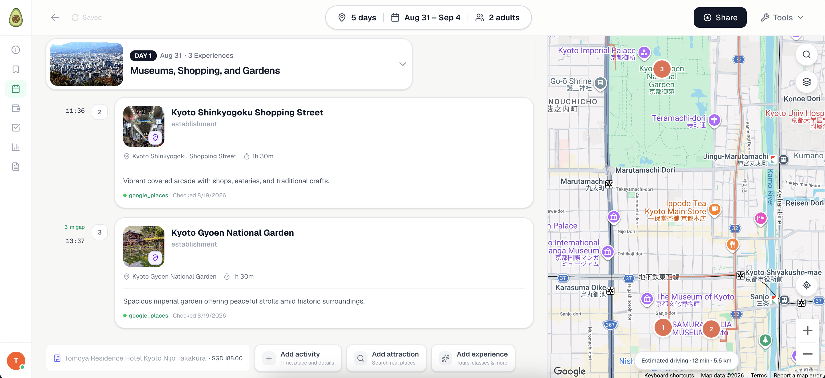 A Travocado trip itinerary for Kyoto with a day-by-day activity list, verified place details, and a live map